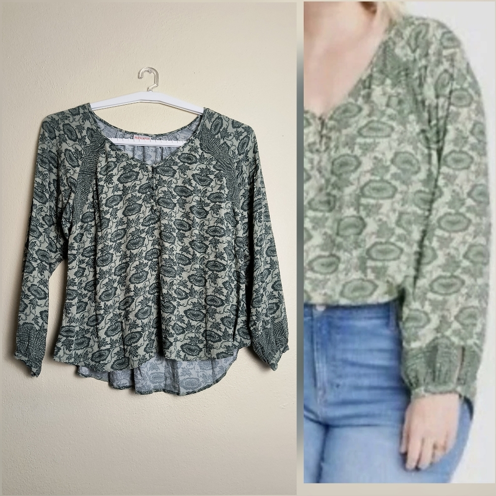 Knox Rose XL Green Patterned Blouse V-Neck Tunic Boho